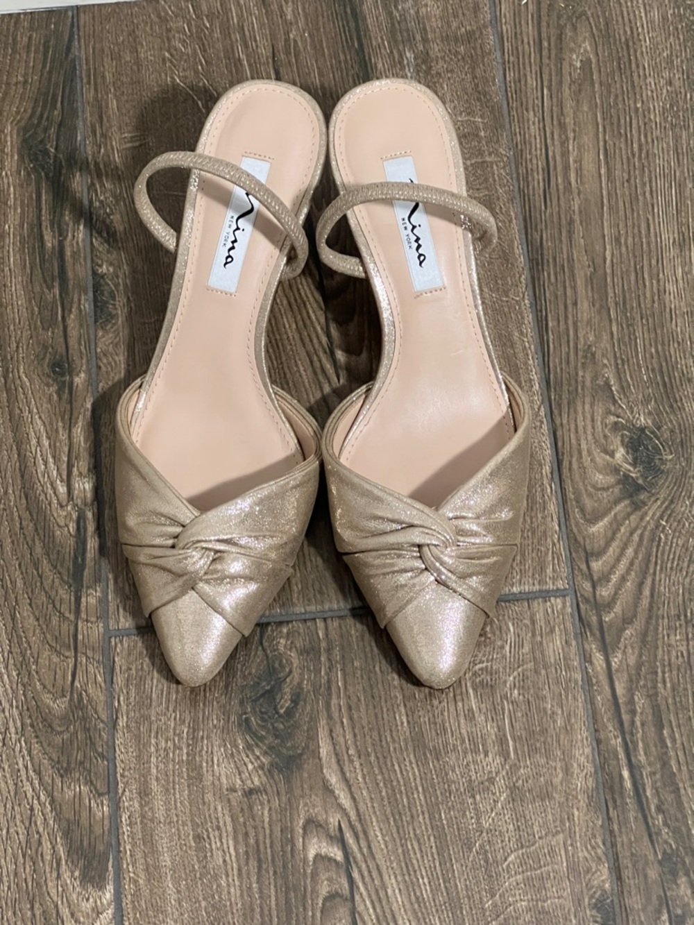 Nina Champagne Metallic Knotted Pointed Slingback Mules